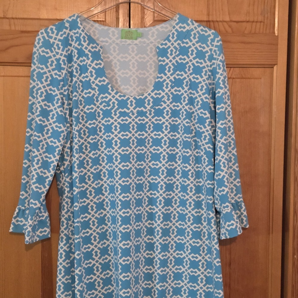 Katherine Way Dress L Blue Made In USA Wrinkle Resistant Resort